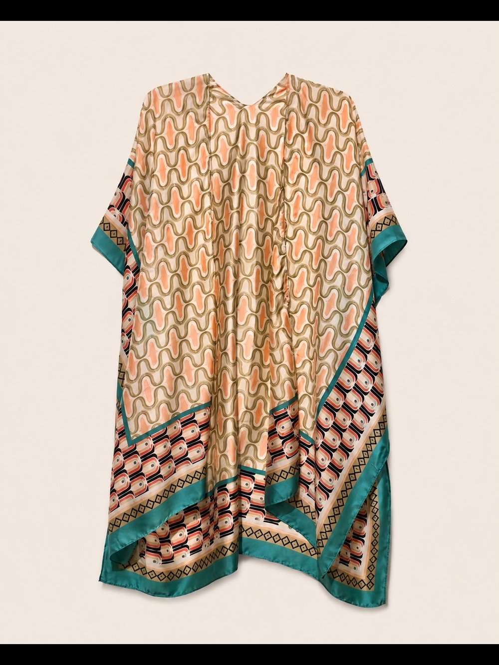 Boho Patterned Kimono Cover-Up in Teal & Peach - NWT - Picture 3 of 4